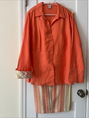 Tweeds Linen Set Button Front Jacket Striped Wide Pants Women 24W Resort Office